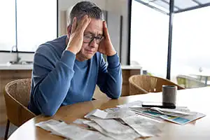 Un monsieur assis ç son bureau, il se tient la tète avec les 2 mains avec des factures devant lui.