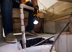 Intervention, lampe à la main entrain d'éclairer l'accès au sous sol par une trappe menant au sous sol.